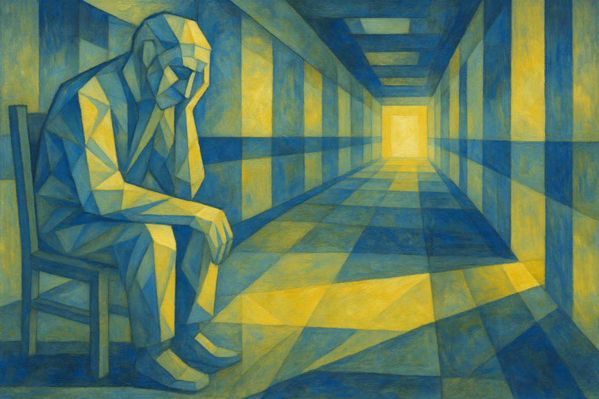 Personne vulnérable assise seule dans un couloir, évoquant la fragilité du consentement en fin de vie.