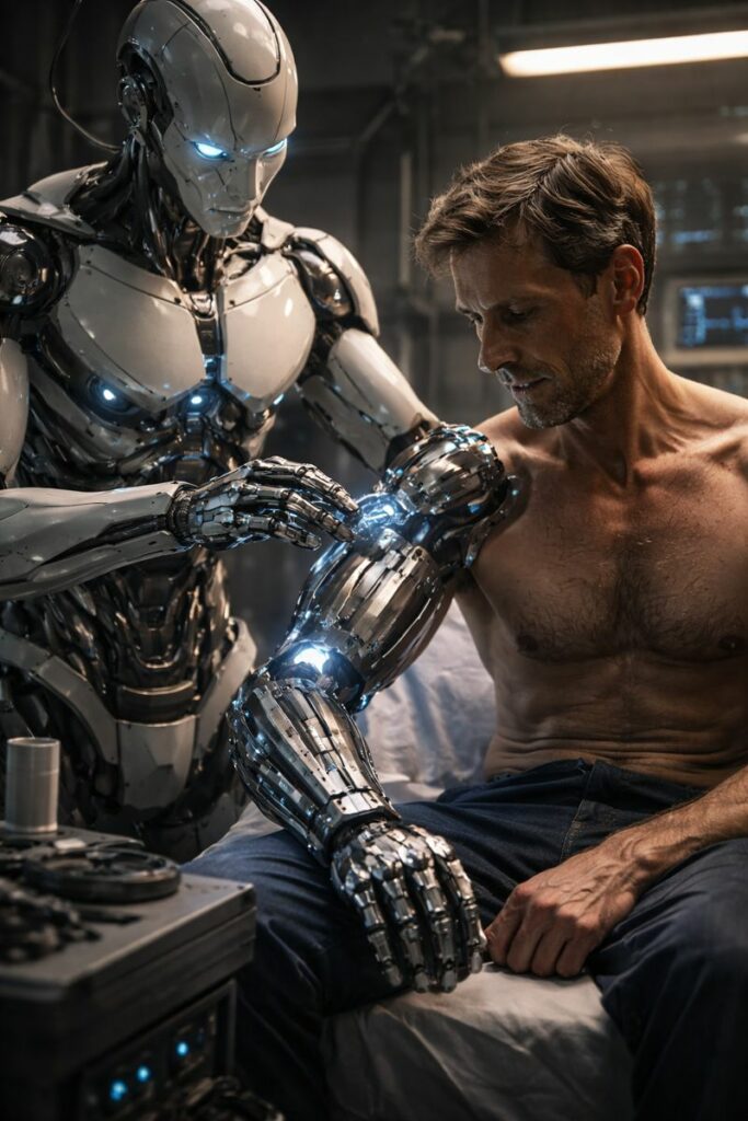 Homme en cours de réparation par un robot humanoïde, bras remplacé par un bras bionique plus puissant — transhumanisme et augmentation humaine.