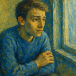 jeune regardant vers une fenêtre, expression inquiète — peur de l’avenir