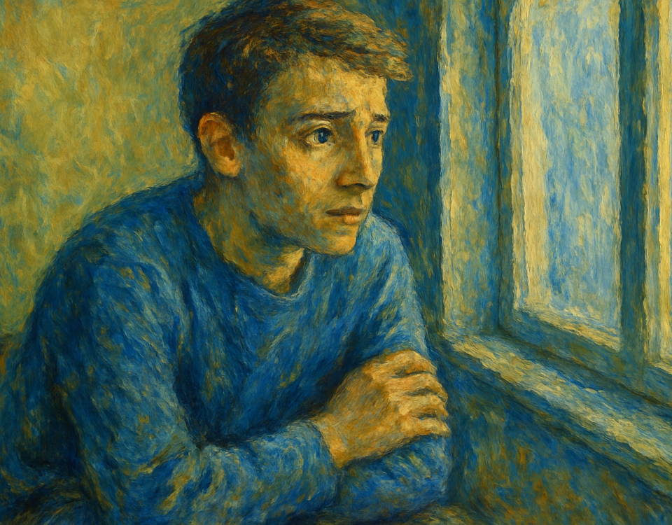 jeune regardant vers une fenêtre, expression inquiète — peur de l’avenir