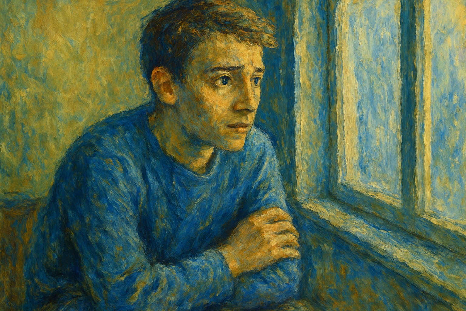 jeune regardant vers une fenêtre, expression inquiète — peur de l’avenir