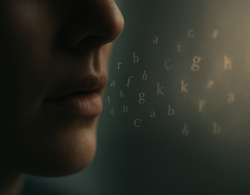 Des lettres qui s’échappent d’une bouche dans la lumière, image du langage qui déforme la vérité sur la fin de vie.