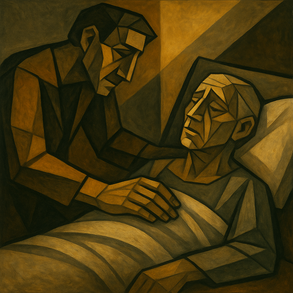 soignant posant doucement la main sur l’épaule d’un patient — présence en fin de vie