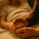 Main d’un proche tenant celle d’une personne en fin de vie, lumière douce, soutien silencieux.