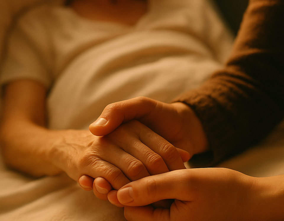 Main d’un proche tenant celle d’une personne en fin de vie, lumière douce, soutien silencieux.