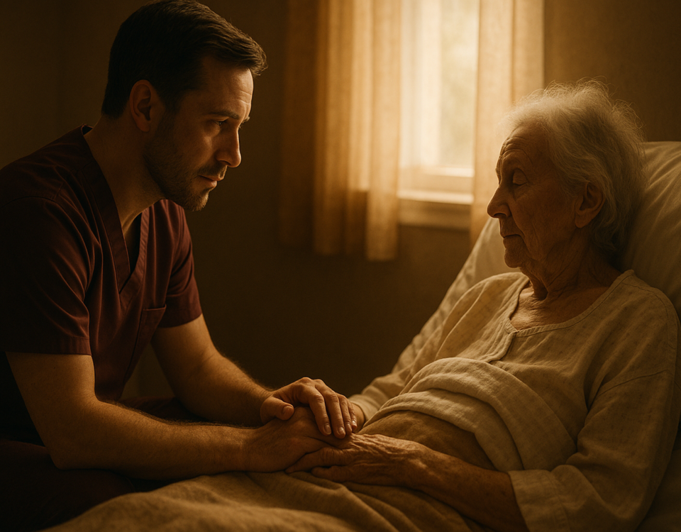 Soignant assis près d’un patient âgé, lumière douce, geste de présence et de soutien en fin de vie.