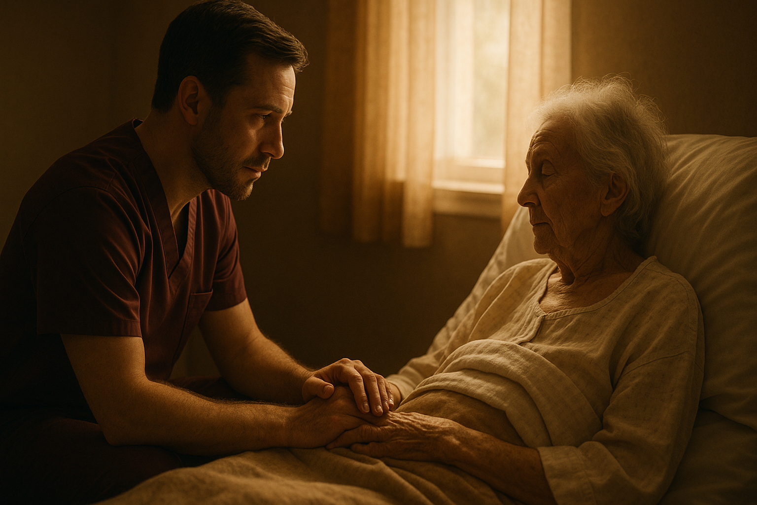 Soignant assis près d’un patient âgé, lumière douce, geste de présence et de soutien en fin de vie.
