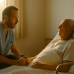 soignant accompagnant un patient en fin de vie dans une atmosphère paisible — soins palliatifs.