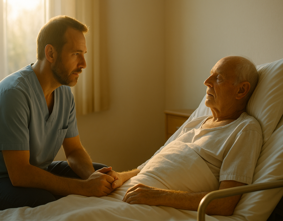 soignant accompagnant un patient en fin de vie dans une atmosphère paisible — soins palliatifs.