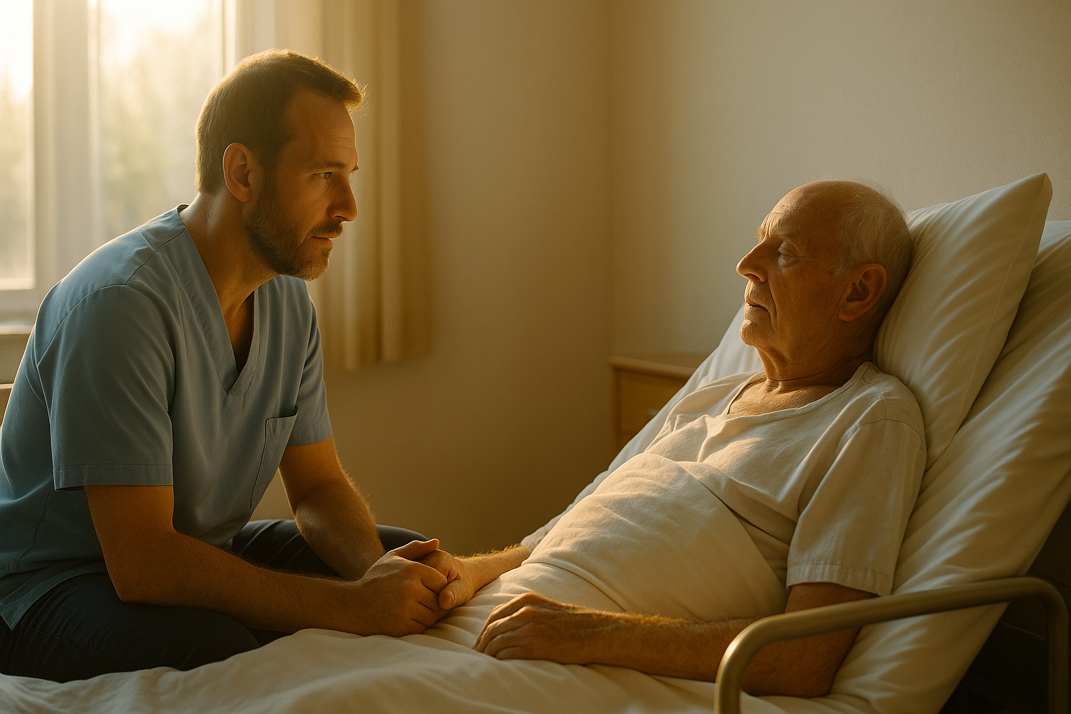 soignant accompagnant un patient en fin de vie dans une atmosphère paisible — soins palliatifs.