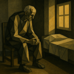 personne âgée assise seule dans une chambre de fin de vie, lumière douce — solitude fin de vie