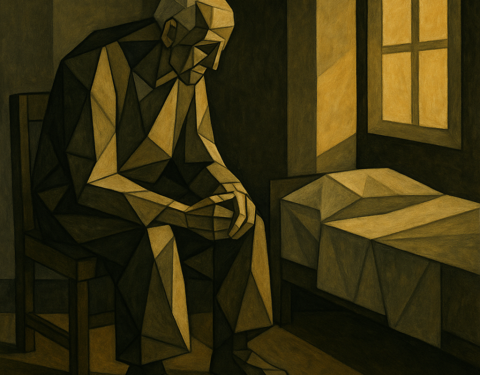 personne âgée assise seule dans une chambre de fin de vie, lumière douce — solitude fin de vie