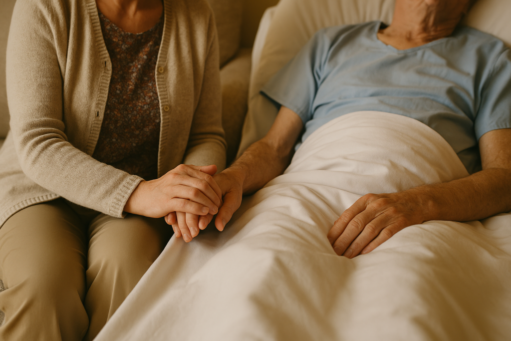 proche désigné comme tiers de confiance tenant la main d’une personne en fin de vie.