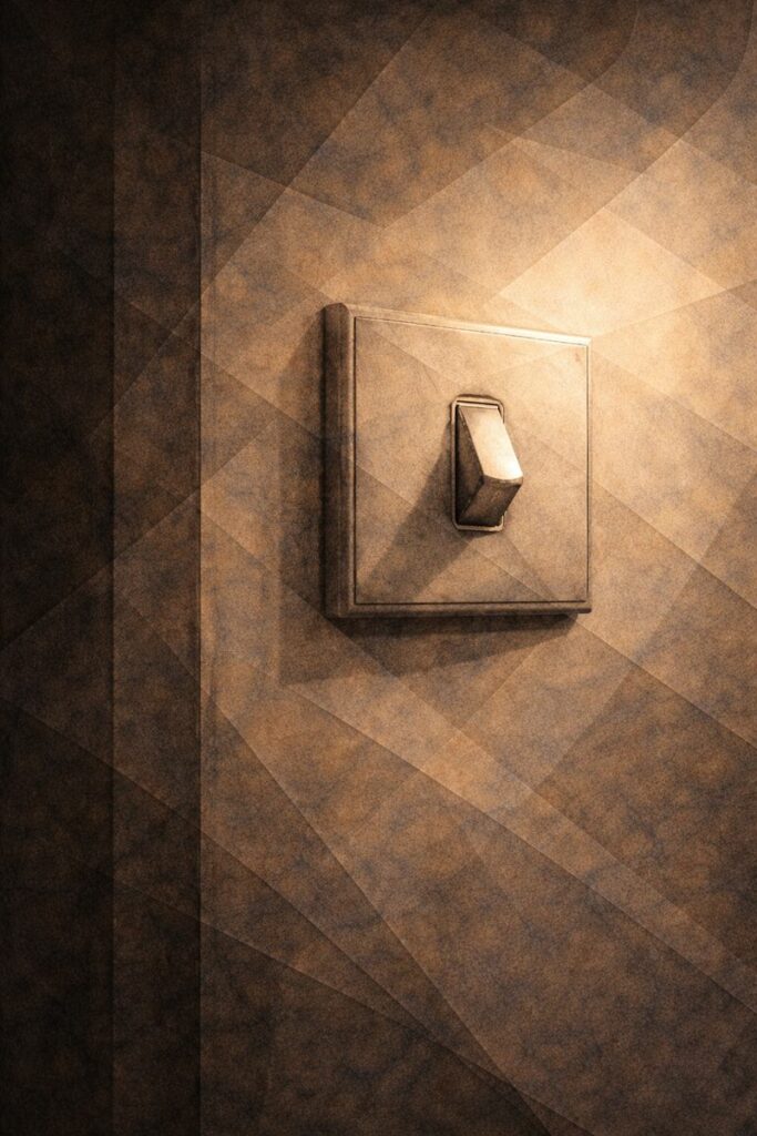 Interrupteur à moitié éteint dans une lumière tamisée, symbolisant une conscience progressivement anesthésiée