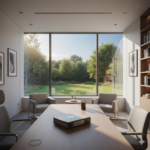 Bureau contemporain lumineux avec une grande baie vitrée donnant sur un jardin, mobilier design épuré et sculpture abstraite évoquant la réflexion, sans présence humaine.