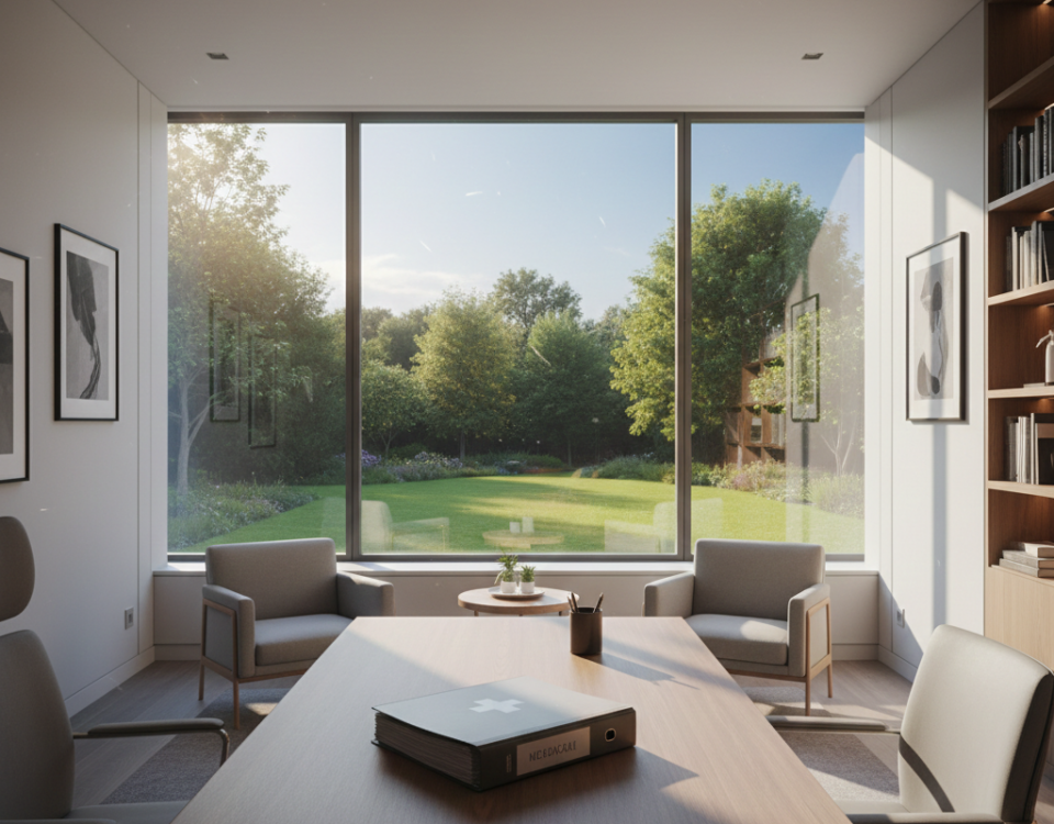 Bureau contemporain lumineux avec une grande baie vitrée donnant sur un jardin, mobilier design épuré et sculpture abstraite évoquant la réflexion, sans présence humaine.