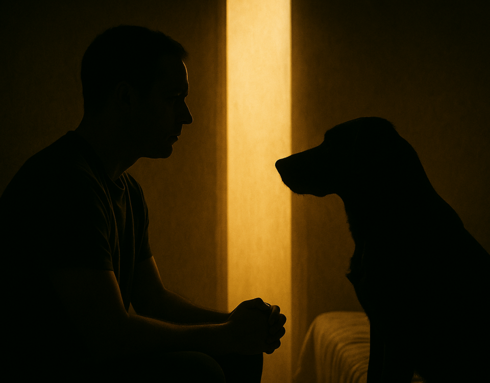 silhouette d’un humain et d’un animal séparés par une lumière — parallèle animaux euthanasie