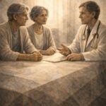 Médecin et proches échangeant calmement, symbolisant une décision médicale prise sans volonté de provoquer la mort