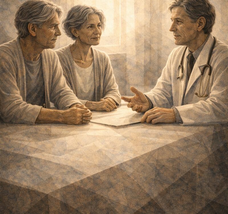 Médecin et proches échangeant calmement, symbolisant une décision médicale prise sans volonté de provoquer la mort