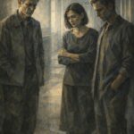 Proches debout dans un couloir d’hôpital, silencieux, confrontés à une décision lourde concernant un être aimé