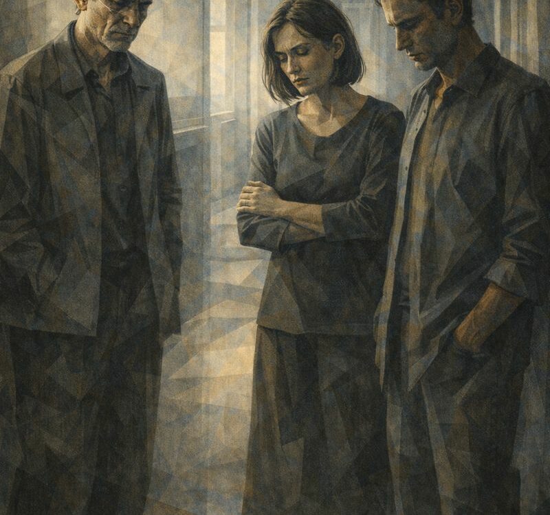 Proches debout dans un couloir d’hôpital, silencieux, confrontés à une décision lourde concernant un être aimé