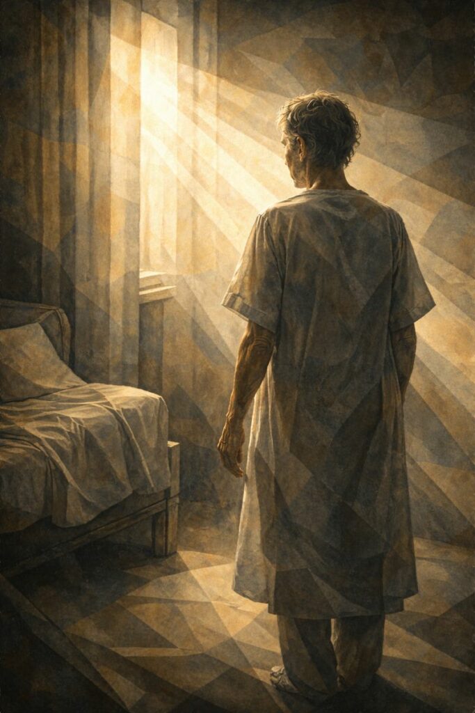 Silhouette humaine dans une lumière douce, évoquant la dignité et l’espérance malgré la souffrance