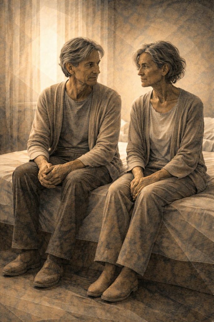 Deux personnes assises côte à côte, échange silencieux, symbolisant le discernement partagé et la responsabilité humaine