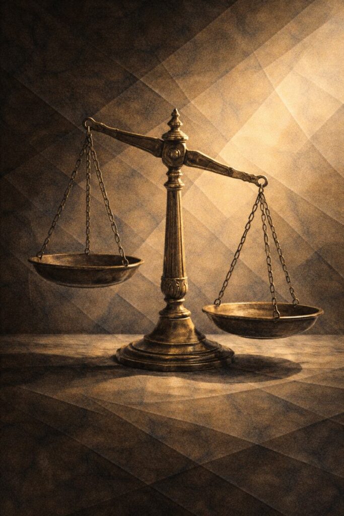 Balance ancienne légèrement déséquilibrée dans une lumière tamisée, évoquant le poids du discernement moral