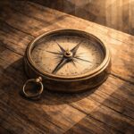 Boussole ancienne éclairée par une lumière douce, symbolisant le discernement intérieur face aux choix de fin de vie