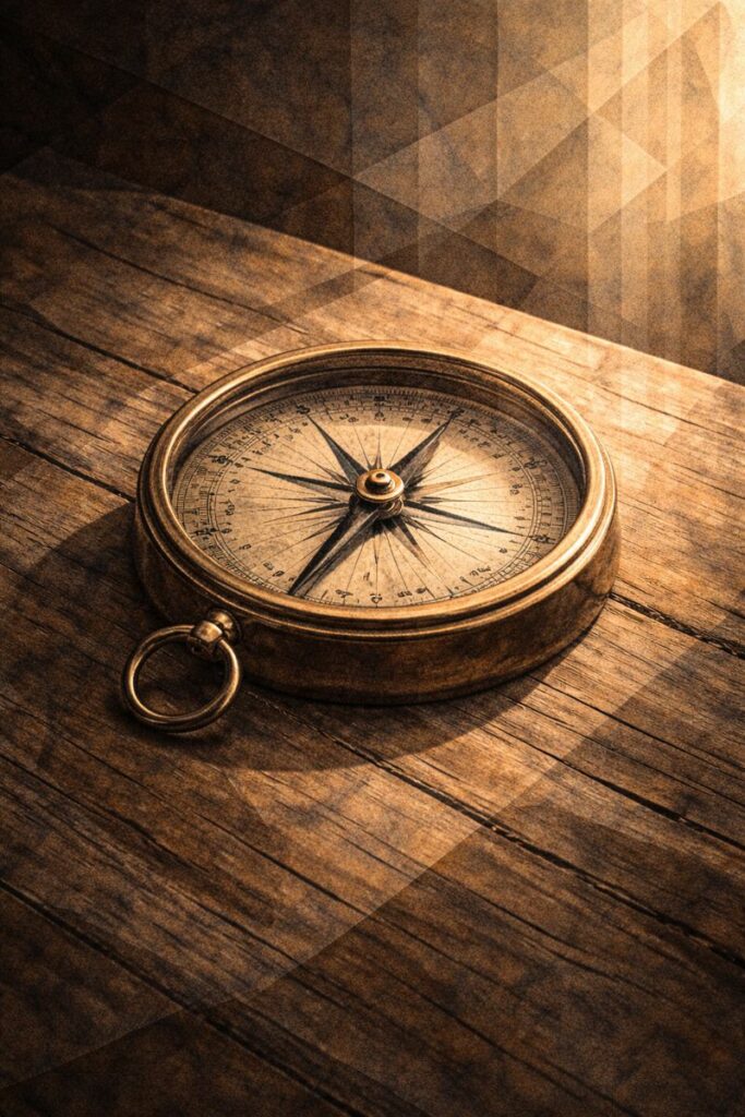 Boussole ancienne éclairée par une lumière douce, symbolisant le discernement intérieur face aux choix de fin de vie