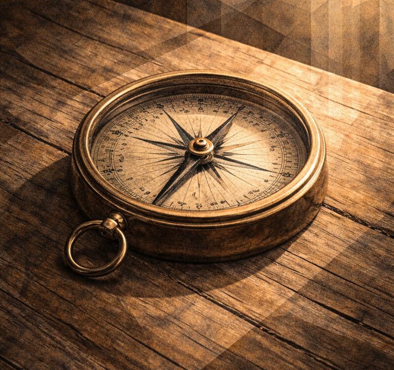 Boussole ancienne éclairée par une lumière douce, symbolisant le discernement intérieur face aux choix de fin de vie