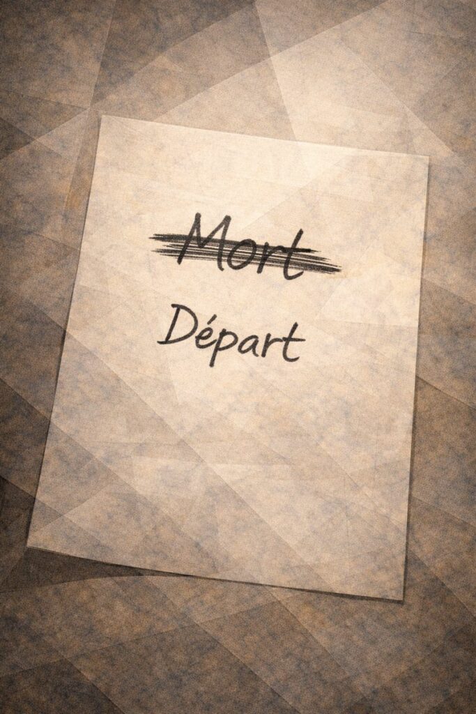Mot barré remplacé par un terme plus doux sur une feuille, évoquant les euphémismes autour de la fin de vie