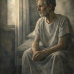 Alt text : Personne âgée assise près d’une fenêtre, regard tourné vers la lumière, exprimant la solitude et la souffrance intérieure