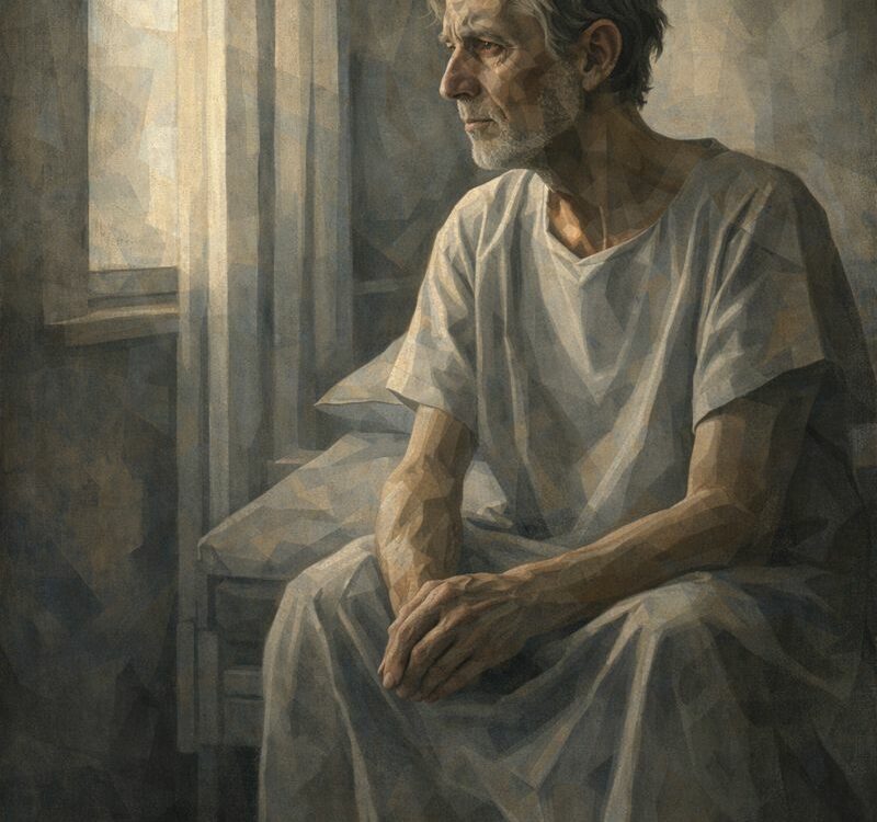 Alt text : Personne âgée assise près d’une fenêtre, regard tourné vers la lumière, exprimant la solitude et la souffrance intérieure