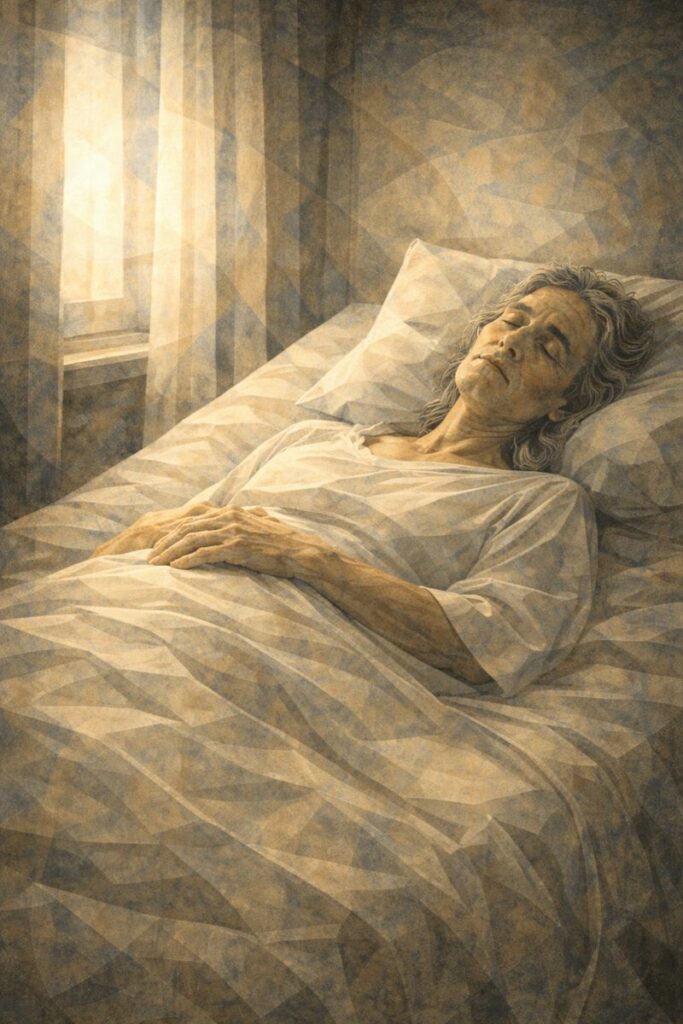 Personne allongée paisiblement dans une chambre calme, symbolisant la vulnérabilité et l’absence de consentement