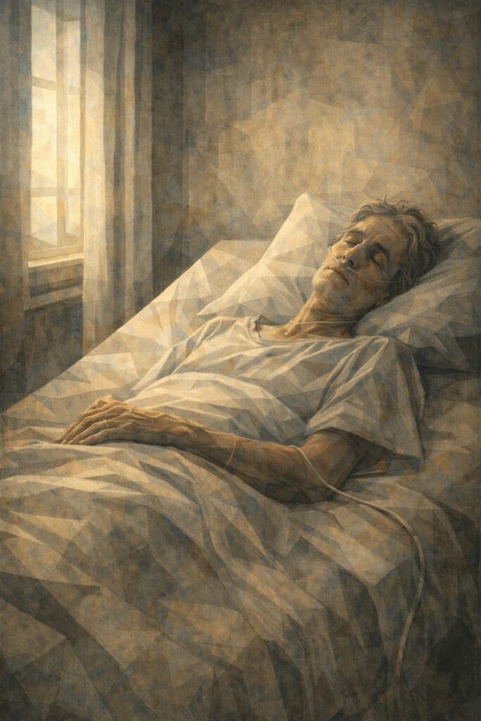 Personne alitée dans une chambre calme, regard fermé, exprimant la vulnérabilité et le silence de celui qui ne peut plus parler