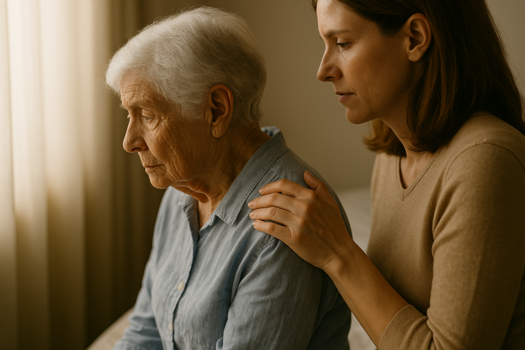 personne âgée accompagnée par un proche — dignité humaine en fin de vie