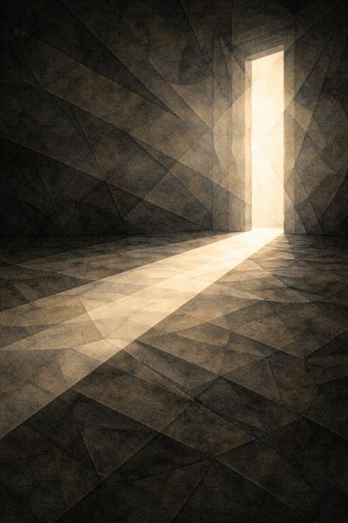 Ligne de lumière séparant l’ombre et la clarté, évoquant une frontière morale à discerner