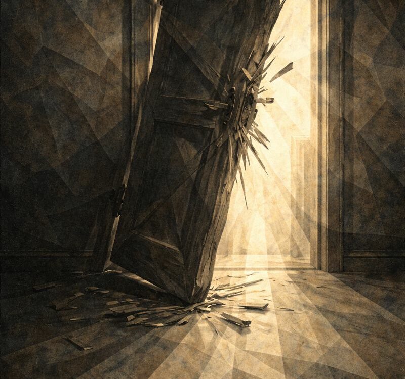 Porte entrouverte laissant passer une lumière vive dans une pièce sombre, symbolisant une frontière morale franchie