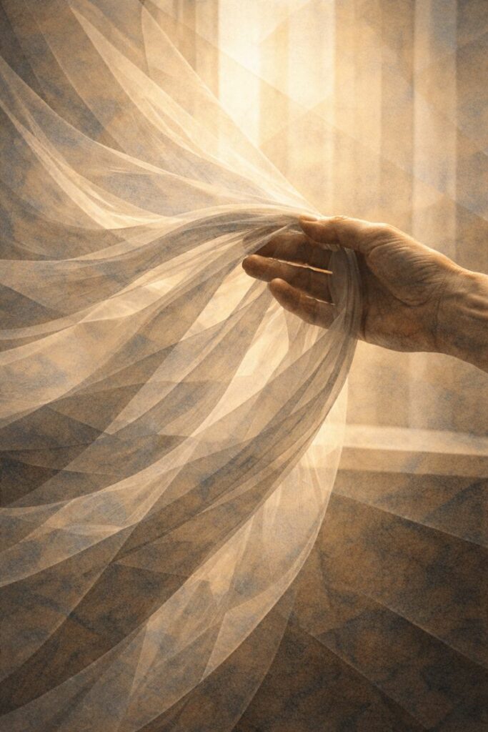 Main retenant doucement un voile léger dans la lumière, symbolisant un arrêt discerné sans rupture ni abandon