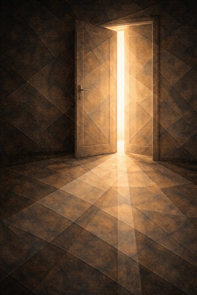 Filet de lumière entrant par une porte entrouverte dans un espace sombre, symbolisant l’intention morale examinée intérieurement