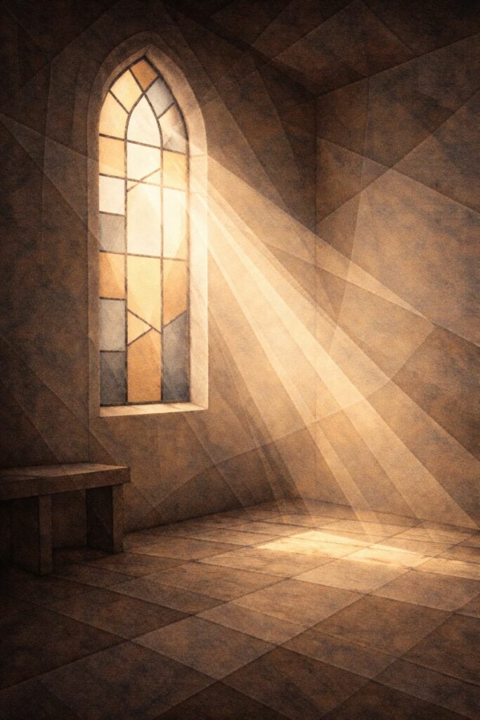 Lumière du matin traversant un vitrail sobre, symbolisant une sagesse reçue pour discerner