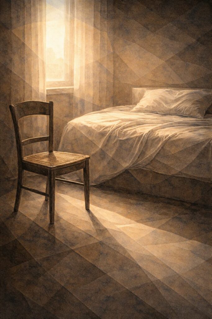 Chaise vide placée près d’un lit, éclairée par une lumière douce du soir, évoquant une présence fidèle et attentive