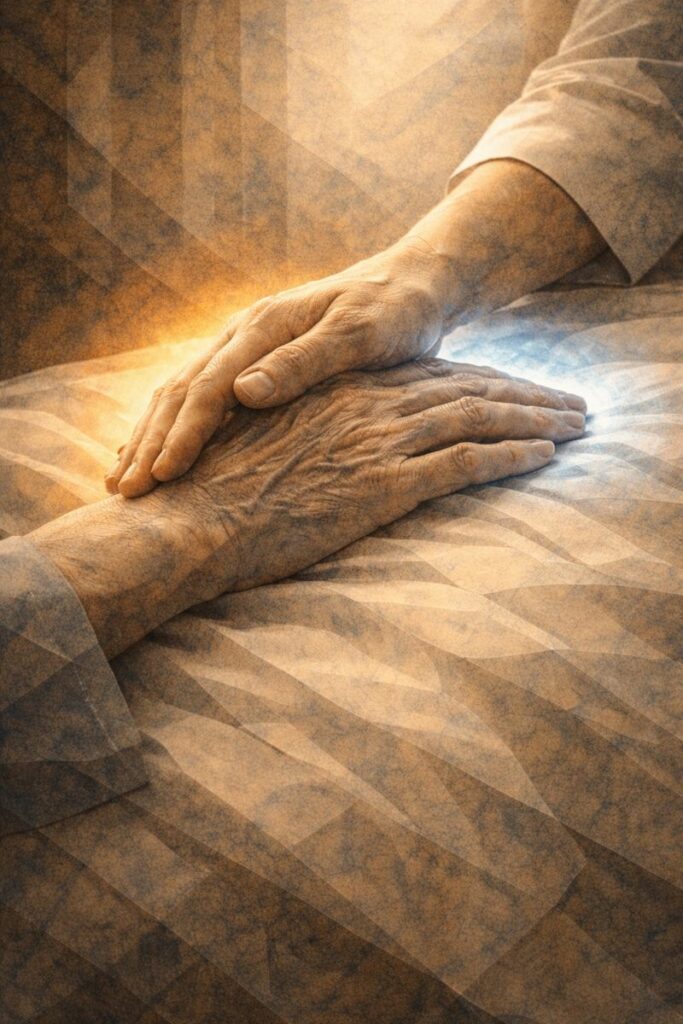 Main d’un soignant tenant la main d’un patient, symbolisant le soin et l’accompagnement jusqu’au bout