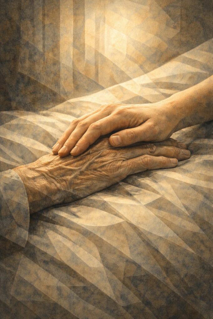 Main posée avec douceur sur une main fragile, évoquant la protection et le refus de toute violence