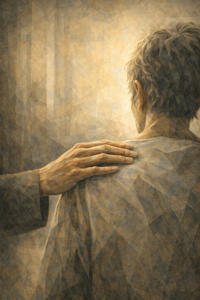 Main posée avec douceur sur l’épaule d’une personne fragile, symbolisant la protection et la présence