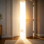 Porte entrouverte laissant entrer une lumière vive, symbole du seuil et des décisions en fin de vie.