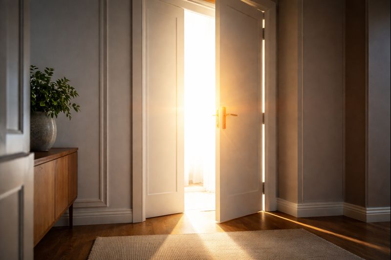 Porte entrouverte laissant entrer une lumière vive, symbole du seuil et des décisions en fin de vie.