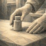 Mains gantées déposant un objet sur une table, symbolisant la responsabilité déplacée et le refus d’assumer l’acte