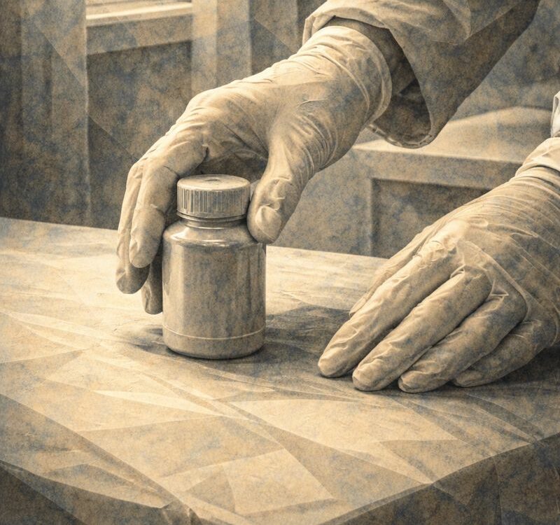 Mains gantées déposant un objet sur une table, symbolisant la responsabilité déplacée et le refus d’assumer l’acte